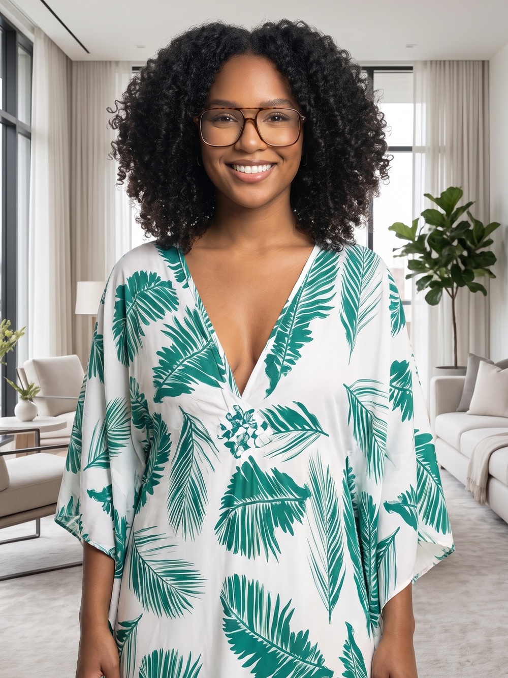 Tropical Leaf Print V-Neck Caftan — Green on White
